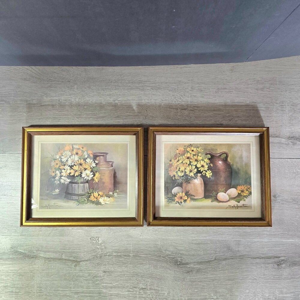 Vintage Midcentury Floral Print Framed Pair Cottage Farmhouse 9x11 Signed